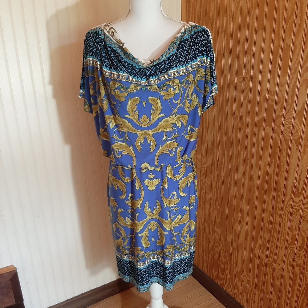 Scarlett Cowl Neck Tie Back Pattern Dress Elastic Waist Lightweight Slit Sleeve